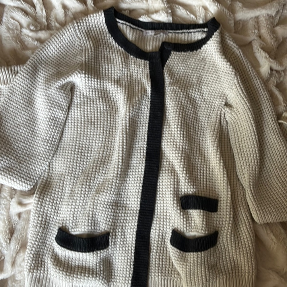 White Cardigan with navy Trim